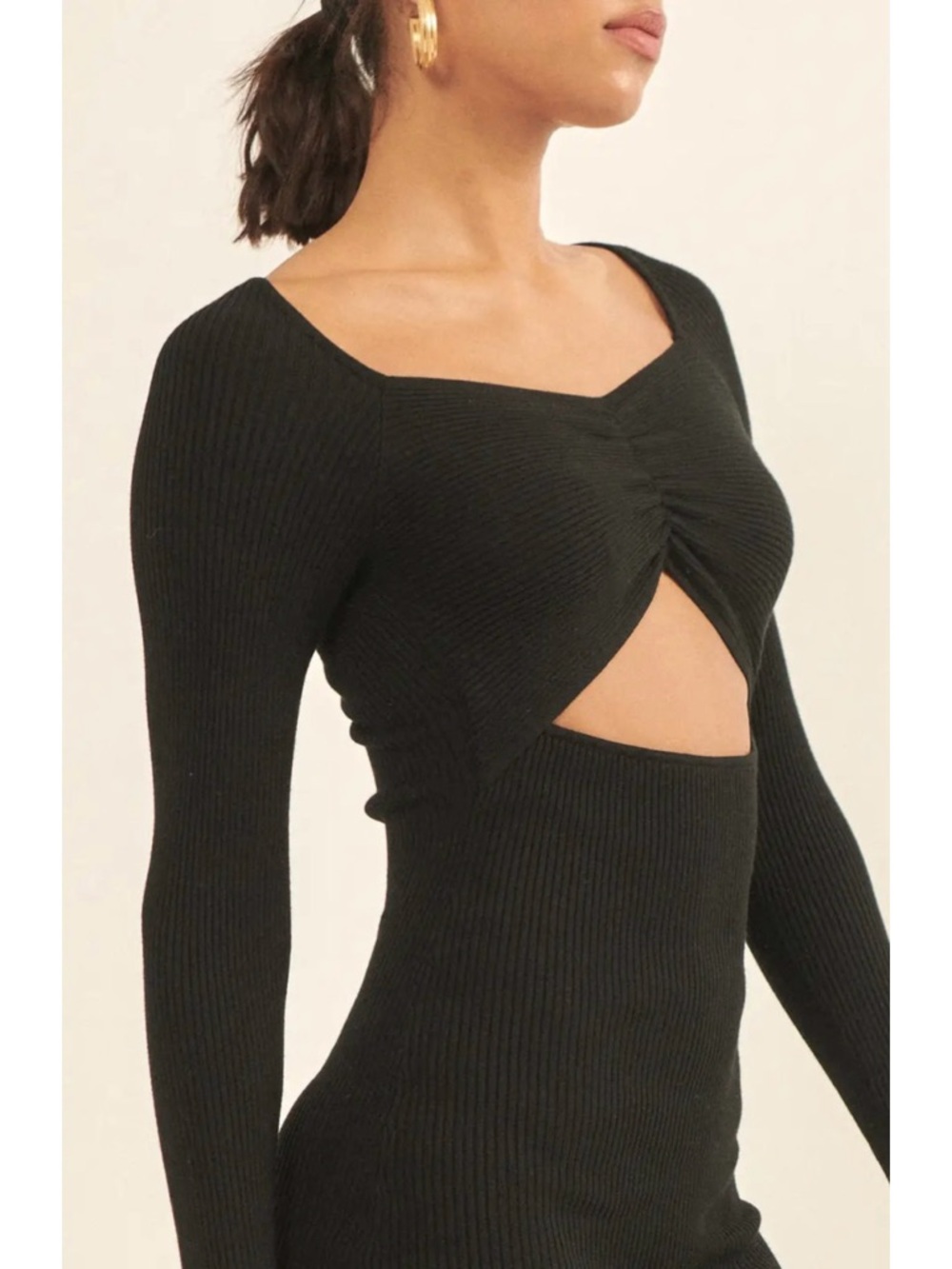Sz M Promesa Sleek Black Ribbed Stretch Knit Cutout Long Sleeve Mini Dress NWT - Picture 7 of 8